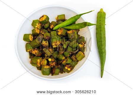 Bhindi Or Lasd Finger, Okra Dish, Isolated On White Backround, Selective Focus.
