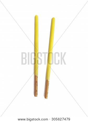 Top View Of Pocky Banana Sticks Isolated On White Background, Banana Dipped Cookie Sticks