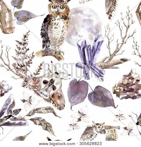 Watercolor Seamless Pattern With Moths, Owls, Crystals, Moon And Flowers. Dark Mystical Colors