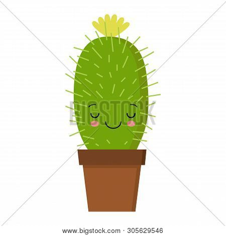 Cartoon Cactus Character With Flower And Cute Face. Kawaii Potted Plant Vector Illustration.
