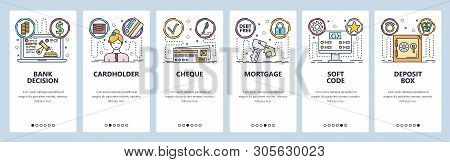 Mobile App Onboarding Screens. Banking And Online Loan Scoring, Cheque, Credit Card, Mortage. Menu V