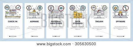 Mobile App Onboarding Screens. Cyber Security, Adware, Spyware, Personal Id. Menu Vector Banner Temp