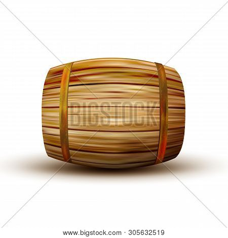 Brown Lying Vintage Wooden Barrel Side View Vector. Standard Barrel For Making, Storage And Shipping