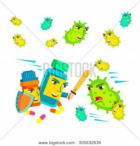Collection Of Fungus Microbe And Pills Set Vector. Antibacterial Drugs With Shield And Sword Fightin
