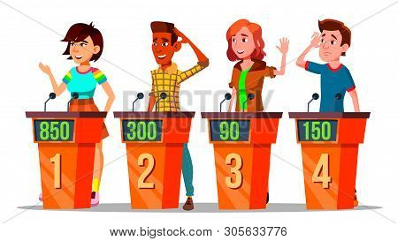 Character Participating In Tv Quiz Show Vector. Young Multicultural Man And Woman Standing Behind Po
