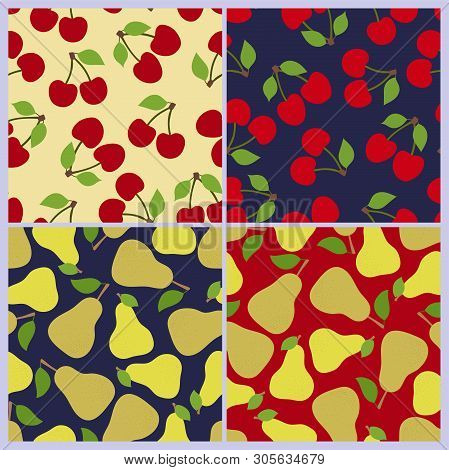 Cherry And Pear Seamless Pattern. Berries, Fruits. Fashion Design. Food Print For Dress, Skirt, Line