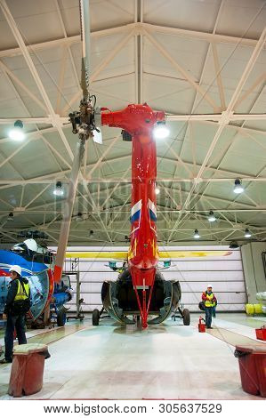Tyumen, Russia - June 5, 2019: Aircraft Repair Helicopter Utair Engineering Plant. Mi-8 Helicopter D