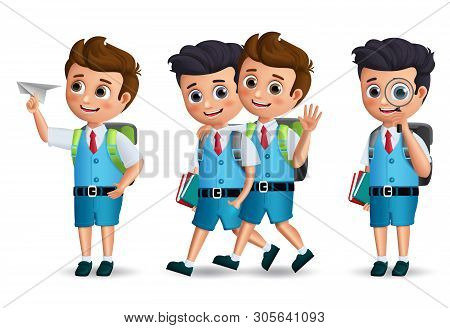 School Boys Vector Character Set. Student Kids Holding School Items Walking And Talking With Classma