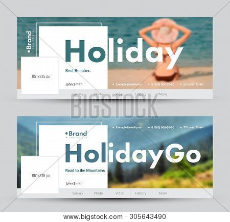 Social Network Banner Design With Square White Elements And Space For Photo. Template Standard Size 