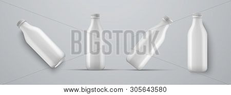Set Of Mockups Plastic White Bottles For Kefir, Milk, Yogurt And Other Beverages.