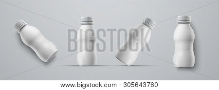 Set Of Mockups Small Plastic White Bottles For Kefir, Milk, Yogurt And Other Beverages.