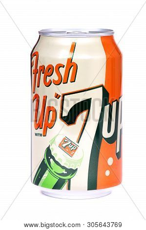 Novyy Urengoy, Russia - June 8, 2019: Aluminium Can Of The 7up 1950s Edition Isolated Over White Bac
