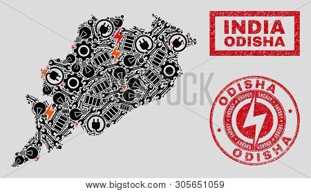 Composition Of Mosaic Power Supply Odisha State Map And Grunge Seals. Mosaic Vector Odisha State Map
