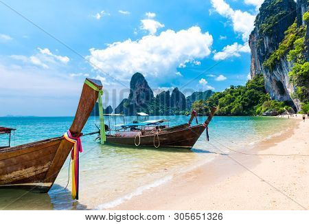 Long Tail Boat On Tropical Railay Beach, Aonang, Krabi, Thailand