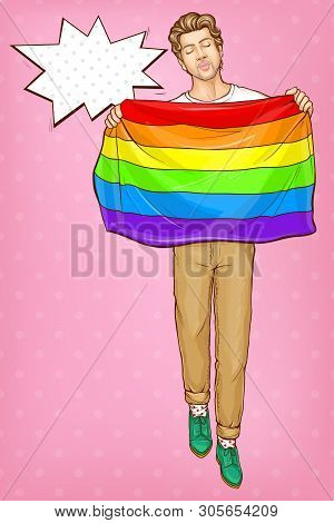 Pop Art Gay With Lgbt Rainbow Flag, Homosexual Man Send Air Kiss With Closed Eyes. Handsome Guy Wear