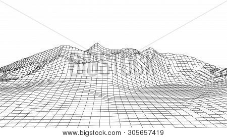 Vector Wireframe 3D Landscape. Technology Grid Illustration.