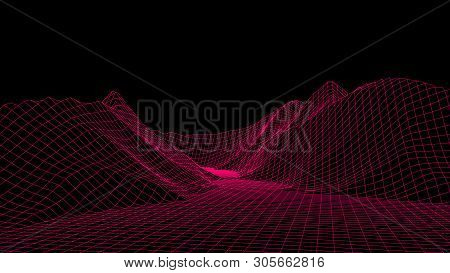 Vector Wireframe 3D Landscape. Technology Grid Illustration.