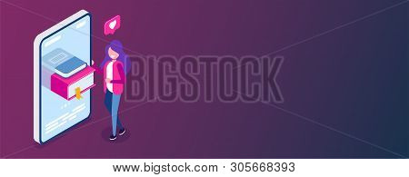 Online Library Concept. Books In Your Phone Or Tablet. Young Girl Love To Read. Can Use For Web Bann