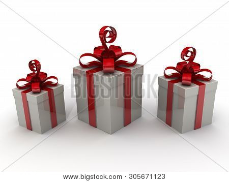 Boxes With Gifts. Three Gift Boxes On A White Surface. Isolated. 3d Illustration