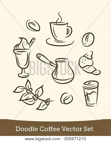 Coffee Doodle Set Isolated On White Background. Vector Illustration