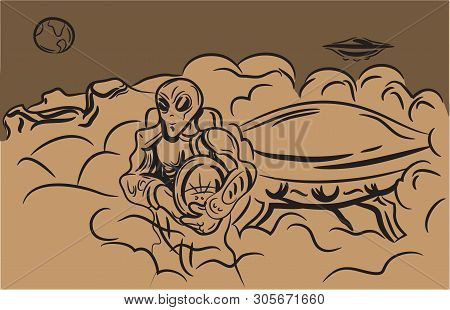 Doodle Aliens In Sketch Style On A Retro Background. Place For Your Text. Vector