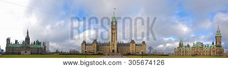 Front Facade Of Parliament Buildings Panorama Including East Block, Central Block And West Block In 