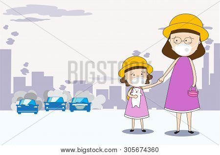 Mother And Daughter Walk To School And Wear Masks N95 To Prevent Air Pollution In The City Pm 2.5 In