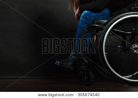 Disease Disability Paralysis Handicap Health Concept. Legs Of Disabled Person. Crippled Female Sitti