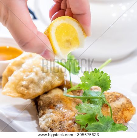 Delicious Dim Sum, Famous Cantonese Food In Asia - Fried Fish And Dumplings With Lemon, Sauce And Te