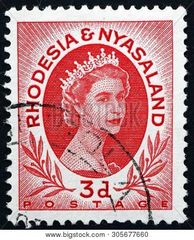 Rhodesia & Nyasaland - Circa 1954: A Stamp Printed In Rhodesia Shows Elizabeth Ii, Queen Of The Unit
