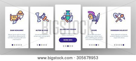 Archeological Tools And Excavations Vector Onboarding Mobile App Page Screen. Archeology Science. Ar