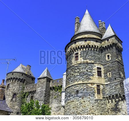 VITRE, BRITTANY, FRANCE - JUNE 1: Chateau de Vitre  - medieval castle in the town of Vitré on June 1, 2019 in Vitré, Brittany, France