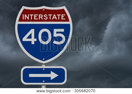 I-405 Interstate Usa Red And Blue Highway Road Sign With Stormy Sky Background 3d Illustration