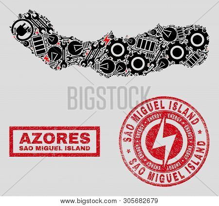 Composition Of Mosaic Power Supply Sao Miguel Island Map And Grunge Stamp Seals. Mosaic Vector Sao M