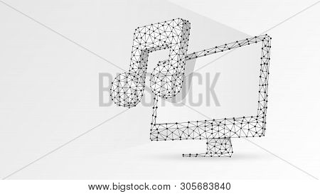 Computer With Music Note On Monitor Screen. Polygonal Sound Projection, Computer Melody Concept. Abs