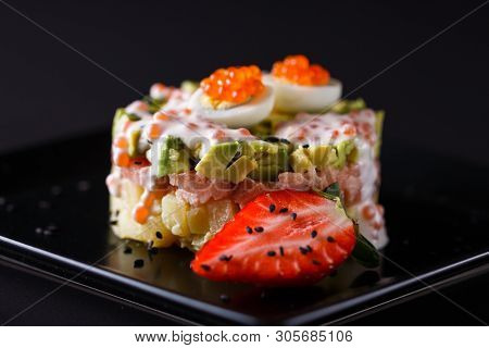 Round Salad Made Of Red Fish Potato And Avocado