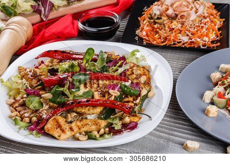 Food. Set Of Dishes On The Table. On A Wooden Background. Top View.