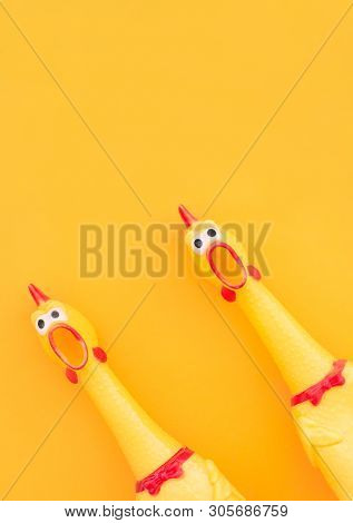Shrilling Chicken Toy On A Yellow Background. Rubber Squeaky Chicken Toys Are Isolated On A Orange B