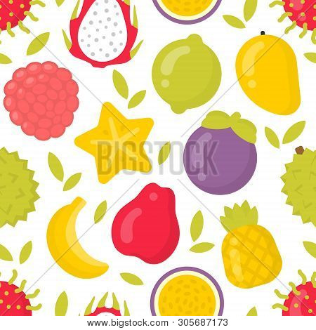 Cute Exotic Fruits, Vector Seamless Pattern On White Background