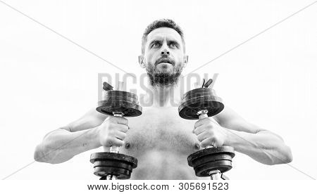 Fitness And Sport Equipment. Athletic Body. Dumbbell Gym. Man Sportsman With Strong Ab Torso. Steroi