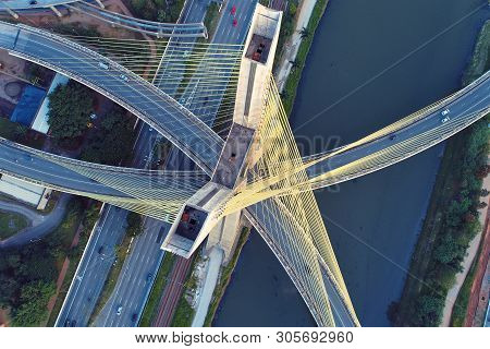 Estaiada Bridge Aerial View. Sao Paulo, Brazil. Business Center. Financial Center. Great Landscape. 