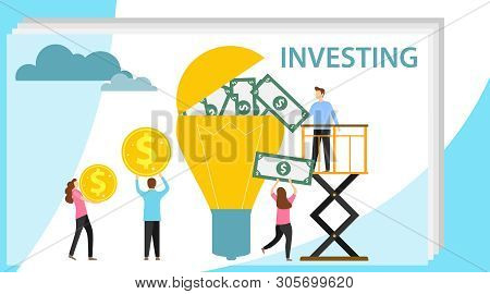 Investing In An Idea. A Group Of People Investing Money In A Lamp. Cash Investment. Vector Illustrat