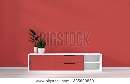 Cabinet In Modern Living Room With Lamp,cabinet,frame And Plant On Coral Wall Background,3d Renderin