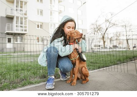 Female Owner Hugs A Dog Against The Backdrop Of A City Fund. Girl Loves Her Dog And Hugs Her For A W