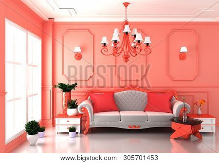 Living Coral Luxury Room Interior And Decoration Luxury Style.3d Rendering