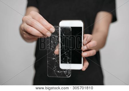 Worker Of Service Center Showing Smartphone While Using Protection Screen. Phone Save Concept. Isola