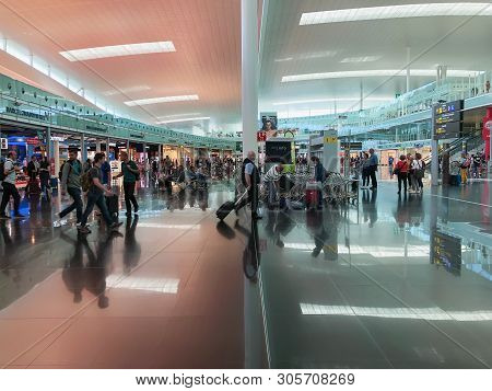 Barcelona, Spain - June 08, 2019. El Prat Josep Tarradellas Airport. Public Area, Terminal T1. Walki