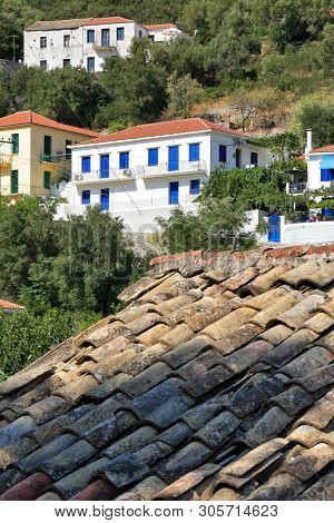 View Of Village Of Frikes, Ithaca, Ionian Island, Greece