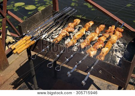 Shashlik Of  Mutton, Beef Or Chicken Meat On Barbeque Outdoor