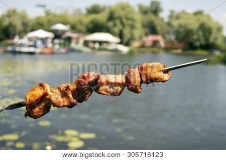 Shashlik Of  Mutton, Beef Or Chicken Meat On The Barbeque Outdoor At The River Side Or Sea Coast